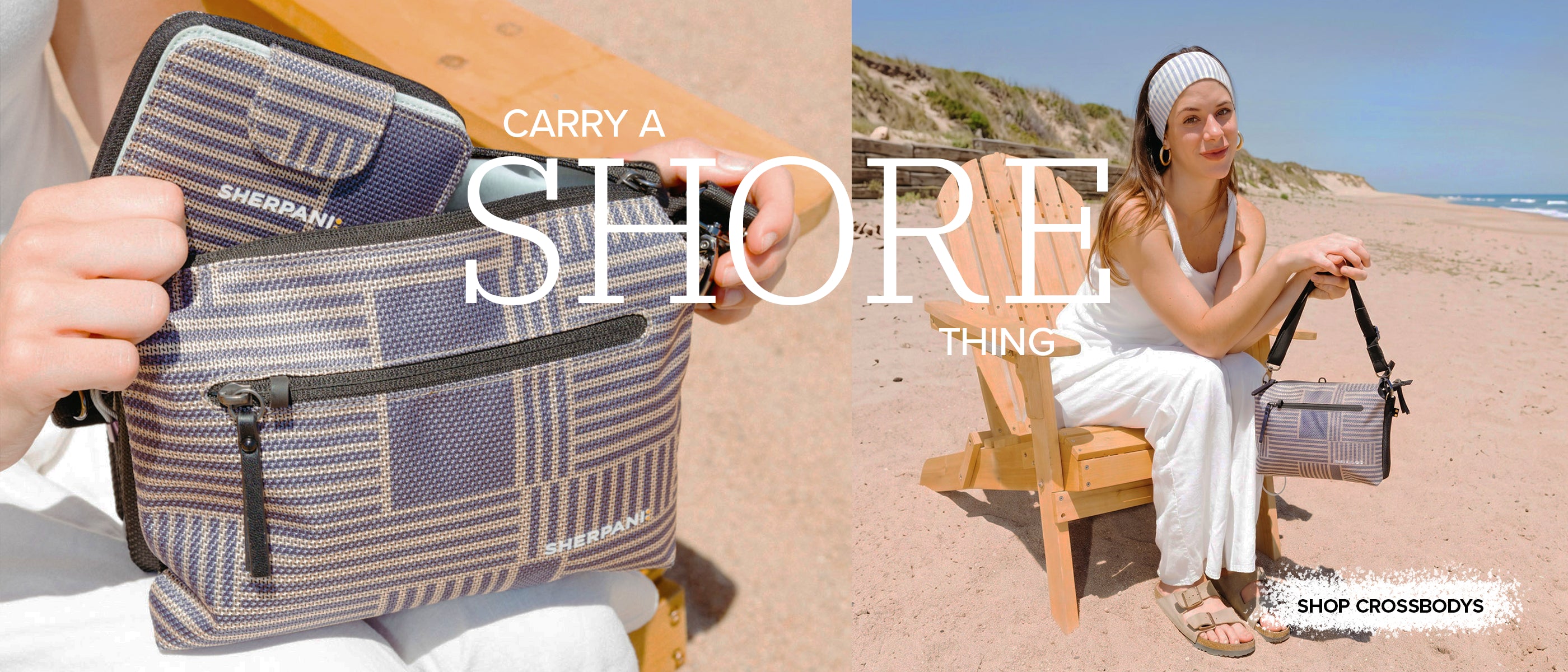 A Crossroads brand shoulder bag with a blue and white plaid pattern is shown in a split-screen lifestyle image. The left side shows a close-up of hands holding the bag open, while the right side shows a woman sitting on a beach chair on a sandy beach, holding the bag.