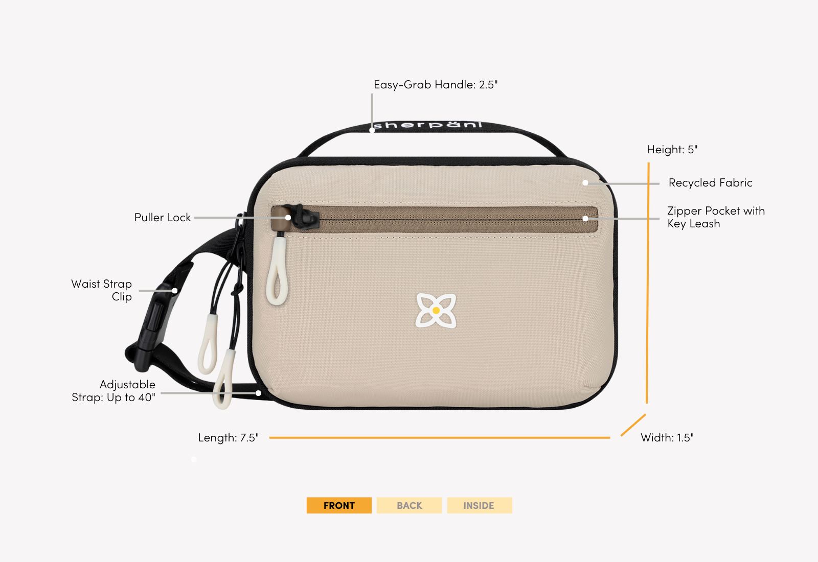 A Sherpani Hyk Con Leche Hip Pack with description of product details on white backdrop. 